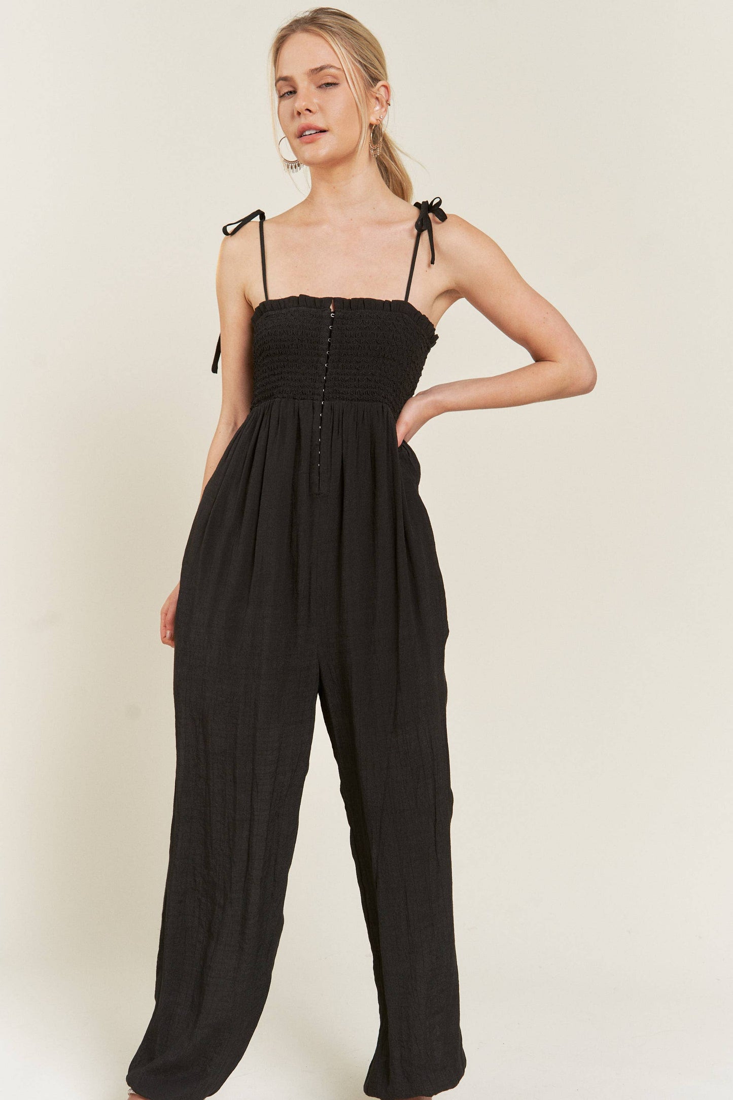 The Little Shoppe: Smocked Tie-strap Jumpsuit