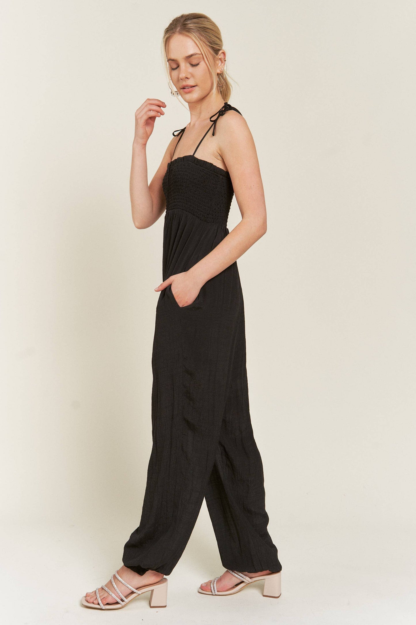 The Little Shoppe: Smocked Tie-strap Jumpsuit