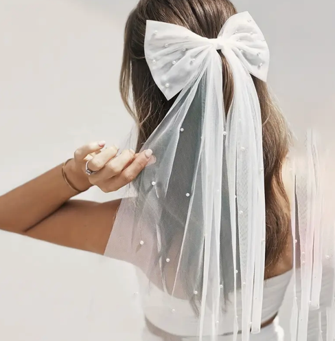 Something Bluetique: Coquette Satin Pearl Bridal Bow Bachelorette Hen Party Veil