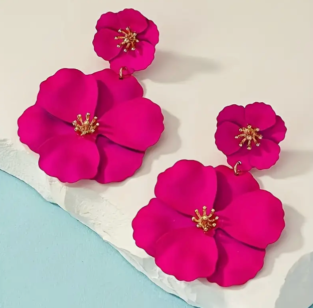 The Little Shoppe: Fashion Bold Statement Fuchsia Floral Flower Earrings