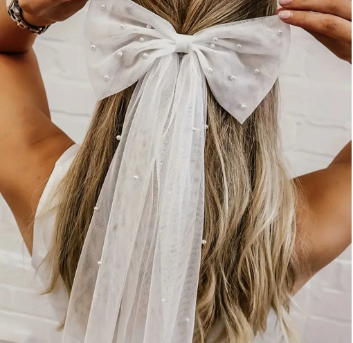 Something Bluetique: Coquette Satin Pearl Bridal Bow Bachelorette Hen Party Veil