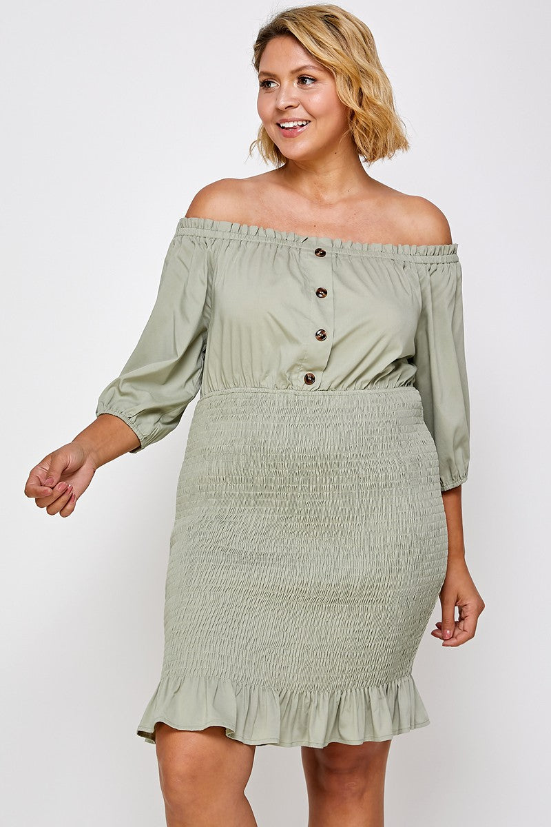 The Little Shoppe: Moss Off-Shoulder Smocked Dress