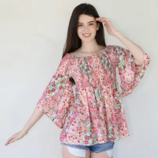 Forever June: Floral Flowy Smocked Bell-sleeved Babydoll Top