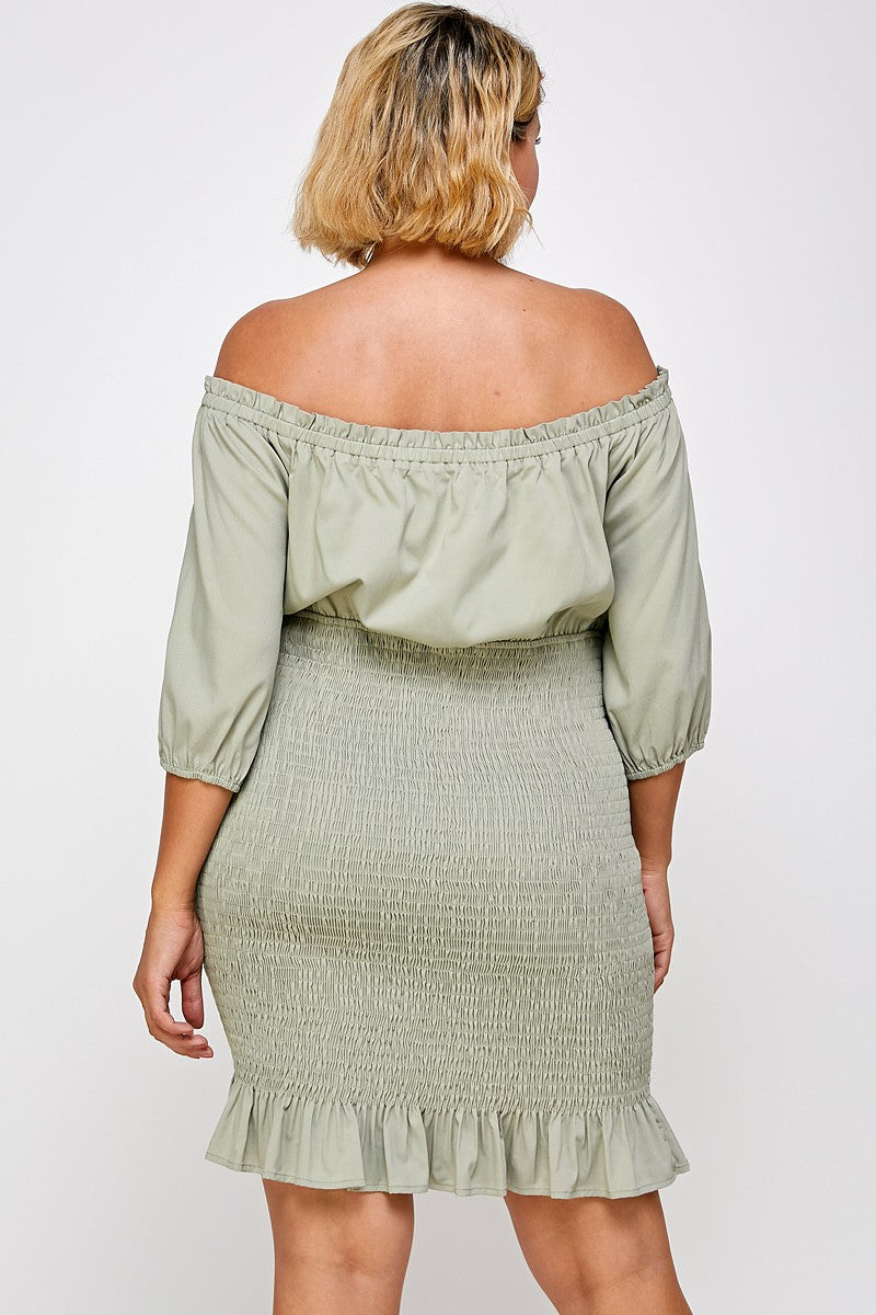 The Little Shoppe: Moss Off-Shoulder Smocked Dress